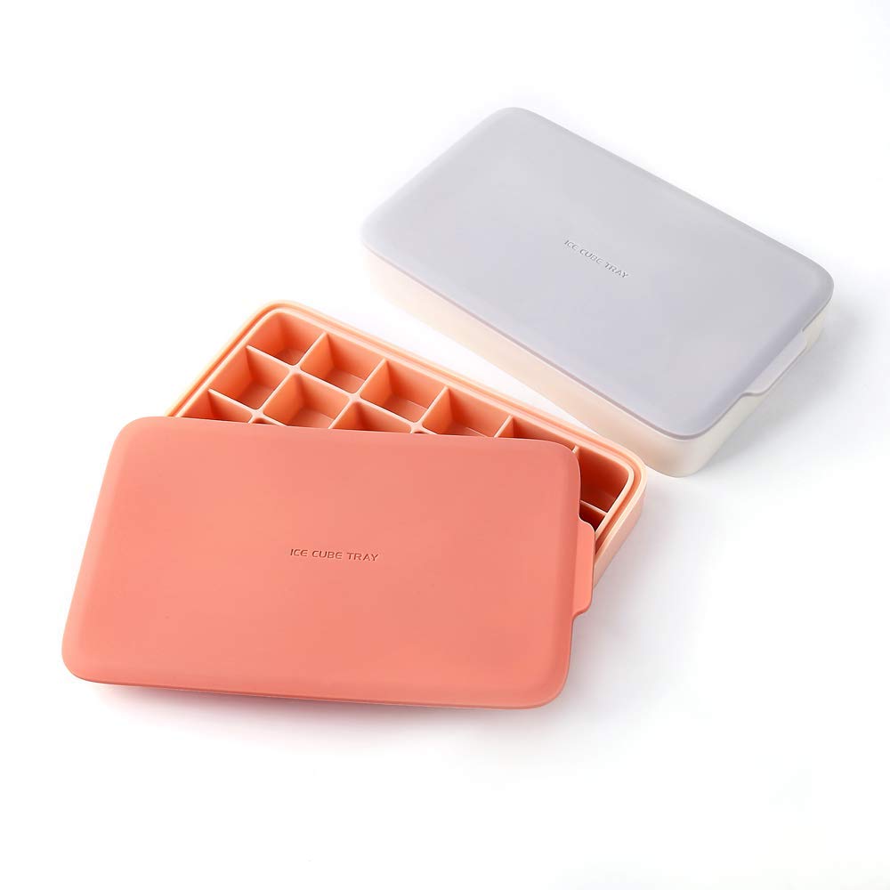 Vemolea 2 PACK Silicone Ice Cube Tray, 24 Ice Molds Easy-Release Flexible Ice Maker with Removable Lid, for Whiskey Wine Cocktails Juice Soups - Pink & Gray, Christmas Gifts