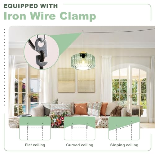 Image of Mint Green Plug in Pendant Light, Adjustable Hanging Light with Plug in Cord On /Off Switch, Striped Glass Chandelier for Bedroom, Kitchen Island, Dining Room