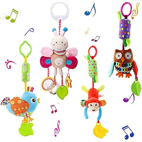 Sealive 4 Piece Baby Stroller Toy Sensory Musical Toys, Soft Rattles Hanging Plush Activity Crib Car Seat Toys for Babies Boy Girl Cover