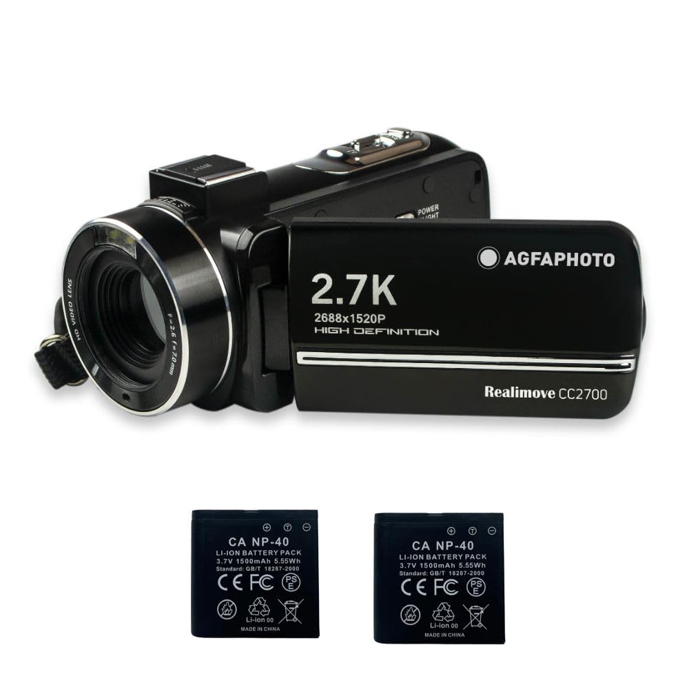 AgfaPhoto Realimove CC2700 – Caméscope Numérique, 2.7K, 24MP, Écran Tactile 3'', Zoom 18X, Télécommande, 2 Batteries Lithium - Noir