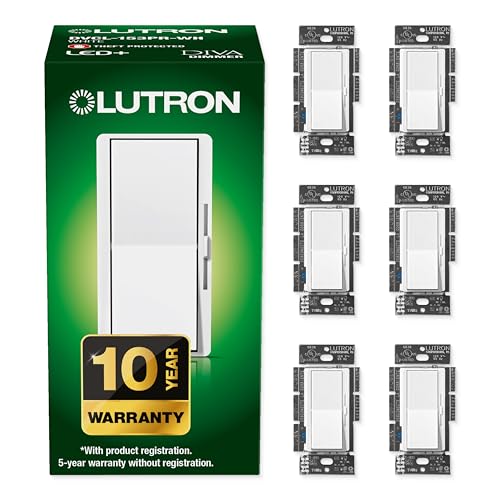 Image of Lutron Diva LED+ Dimmer Light Switch for Dimmable LED, Halogen, and Incandescent Bulbs, 150 Watt, Single-Pole or 3-Way, DVCL-153P-WH-6, White, 6 Pack