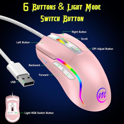 Image of memzuoix Wired Gaming Mouse with RGB - 6 Adjustable DPI up to 12800, 6 Buttons, 12 Lighting Modes, Ergonomic Design with Anti-Slip Rubber Wheel, 5.6ft Braided Cable for PC /Mac /Windows - Pink