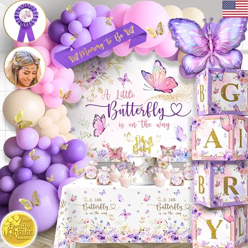 195 Pc Premium Butterfly Baby Shower Decorations for Girl with Pink and Purple Butterfly Balloon Arch Kit, Baby Girl Boxes, Backdrop, Tablecloth, Sash, Cake and Cupcake Toppers, Crown and more