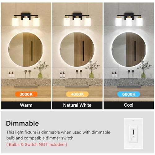Image of FonmYim Black and Gold Bathroom Light Fixtures, 3-Light Modern Vanity Light Over Mirror, Wall Sconces with Milky White Frosted Glass Shades, E26 Socket (Bulbs Not Included)