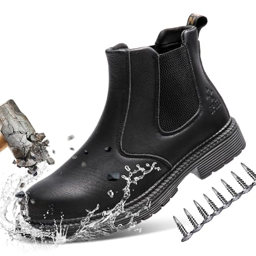 SPIEZ Men's Steel Toe Work Boots - Slip & Oil Resistant Safety Shoes | Waterproof Puncture Proof Chelsea Boots | Lightweight Breathable for Construction, Warehouse, Black（7.5-12）