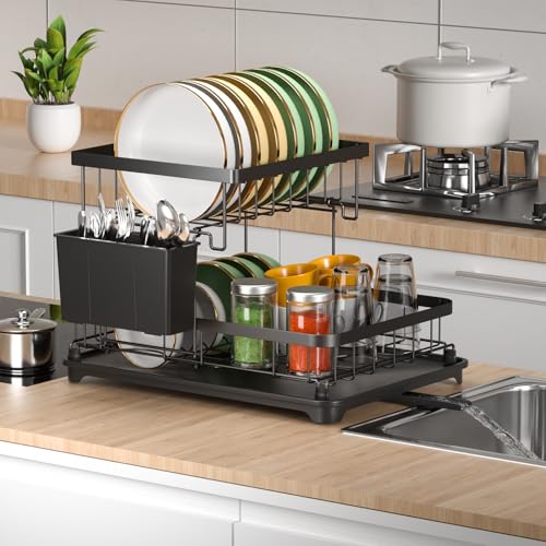 E-MANIS Dish Drying Rack,Dish Rack for Kitchen Counter,2 Tier Dish Rack w/a Cutlery Holder Compact Dish Drainers with 360° Swivel Drain Spout for Dishes,Cup,Knives,Spoons,Forks,Black, rzx-6371 - Image 6
