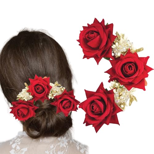 Image of TEMPERIA (1pc) Hair Accessories For Women's & Girls - Stylish Artificial Flowers & Crystal Pearls Bun Juda Bridal Brooch for Hairstyle & Decoration - Pins & Clips for Style of Bride (Red & White)