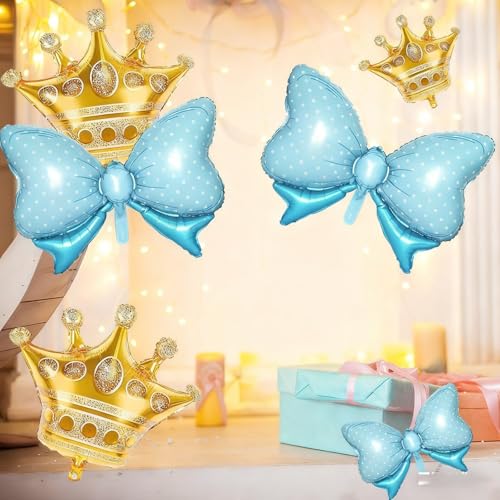 Image of 10pcs Gold Crown Balloons And Blue Bow Balloon, Light Blue Bows Balloons, Large Gold Crown Foil Balloon With Two Sizes For Birthday Baby Shower Theme Party Wedding Bridal Shower Decor