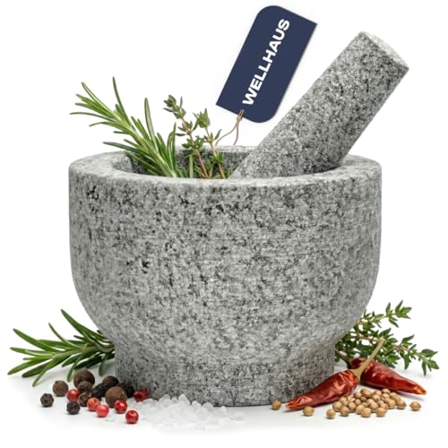 Wellhaus Mortier avec pilon - Granit XXL en pierre naturelle, grand broyeur d'épices pour herbes, noix et ail, récipient en pierre massive, version lourde,...