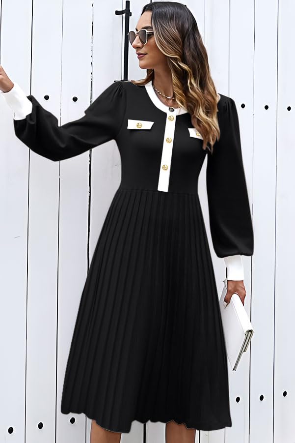 ETCYY Women's Casual Long Sleeve Midi Dress 2025 Striped Fall Sweater Work Button Pleated A Line Ribbed Knit Dresses3