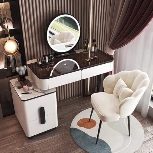 LED Lighted Vanity Makeup Desk Set with 18" Mirror, 3-Drawer Dressing Table & Chair, Compact Black Tempered Glass Bedroom Furniture (31in)