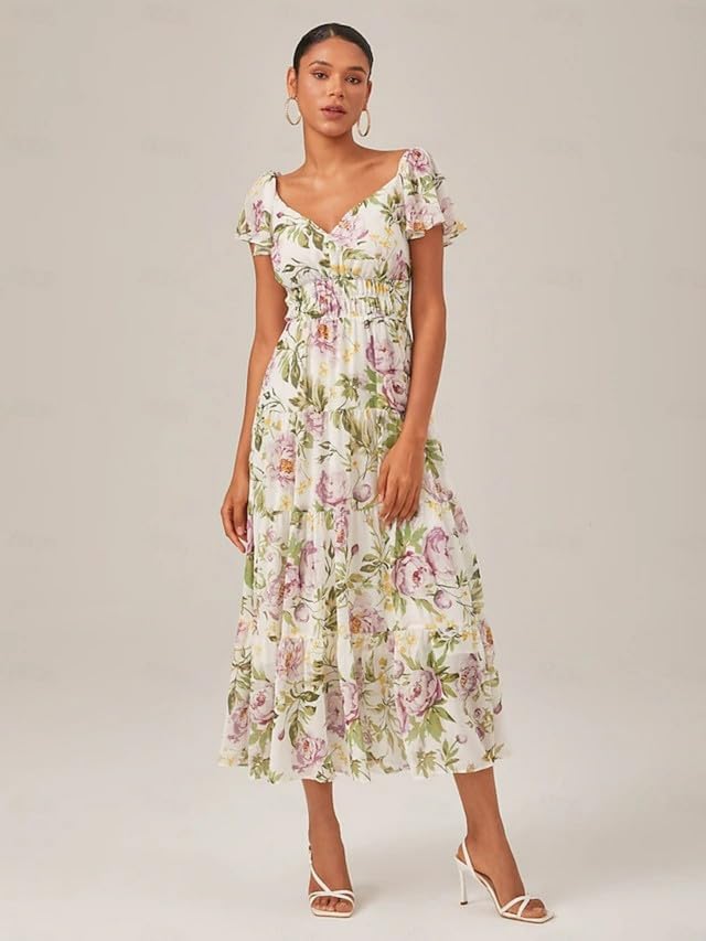 ADOR Women's V Neck Chiffon Maxi Dress Floral Short Sleeve Smocked Empire Waist Backless Ruffle Summer Wedding Guest Dresses - Image 4