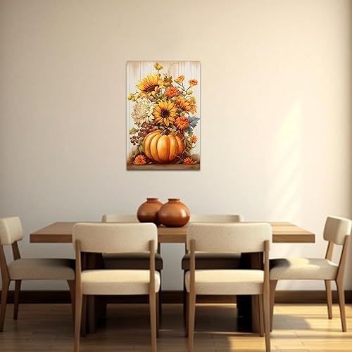 Miniatura 2 de QIXIANG Lienzo decorativo de otoño para pared, diseño de calabaza y girasol, pintura del día de Acción de Gracias, lienzo de cosecha de otoño, marco