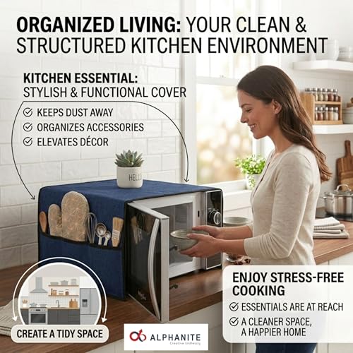 Image of Microwave Oven Top Cover - Durable, Dustproof, Waterproof Microwave Cover, Oven and Microwave Top Cover with Modern Design and 4 Side Pockets (NAVY BLUE, GENERAL)