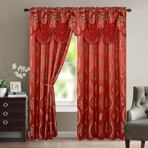 Image of Elegant Comfort Luxurious Beautiful Curtain Panel Set with Attached Valance and Backing 54 inch X 84 inch (Set of 2), Red