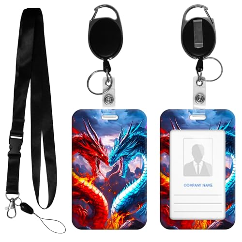 Badge Holder with Retractable Reel and Lanyard, Red Blue Dragon