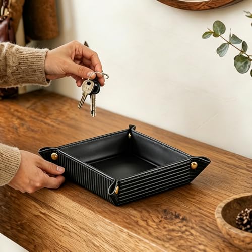 Image of YAPISHI Light Luxury Valet Tray for Men, PU Leather Vanity Jewelry Tray & Decorative Perfume Catchall, Folding Travel EDC Dump Tray, Nightstand Organizer Caddy for Keys, Watches, Coin Bowl Dish