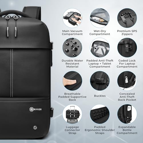 Laptop Travel Backpack Expandable With Vacuum Compression And Pump, USB, Personal Item Carry On Bag with Anti Theft Lock, Water Resistant, Flight Approved 17 Inch Laptop, Men Women, Vacpack2