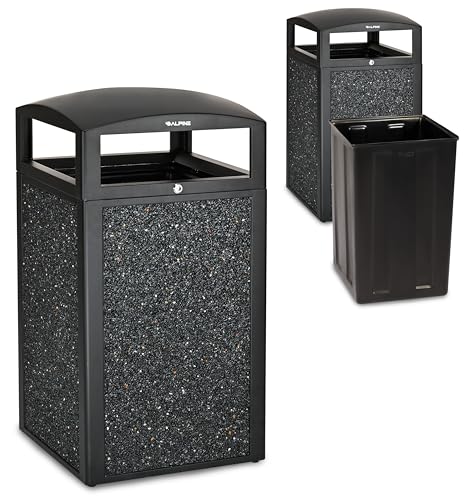 Image of Alpine Industries 40 Gallon Commercial Outdoor Trash Can, Metal with Removable Bin & Locking Lid (Black, Grey Stone)