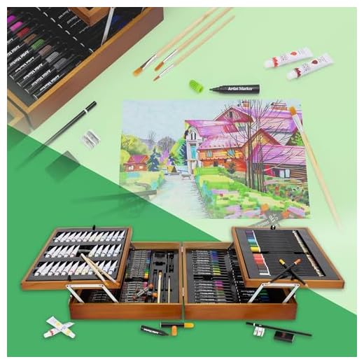 ECD Germany Estuche de Pintura de 174 Piezas Caballate de Madera Incorporado Kit de Arte y Dibujo Portátil Profesional para Niños y Adultos Incluye Colores Pastel, Acrílico, Acuarela, Óleo, Lápices