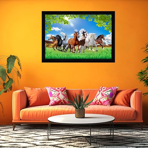 Image of Indianara Vastu Running Seven Horse Painting With Frame 20 Inches X 14 Inches (Style 13)