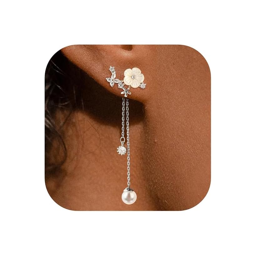 Boucle d'oreille Perle Fleurs Boucles d'oreilles Pendantes Femme Strass Boucle Doreille Femme Argent pour Valentin, Cadeau, Mariage, Anniversaire