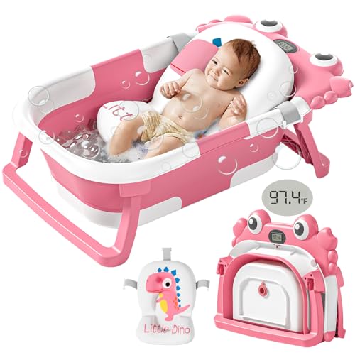 Image of Collapsible Baby Bathtub for Newborn with Soft Floating Cushion & Thermometer Perfect Portable Travel Baby Bath Tub for 0-36 Month Infants to Toddler Girl (Pink)
