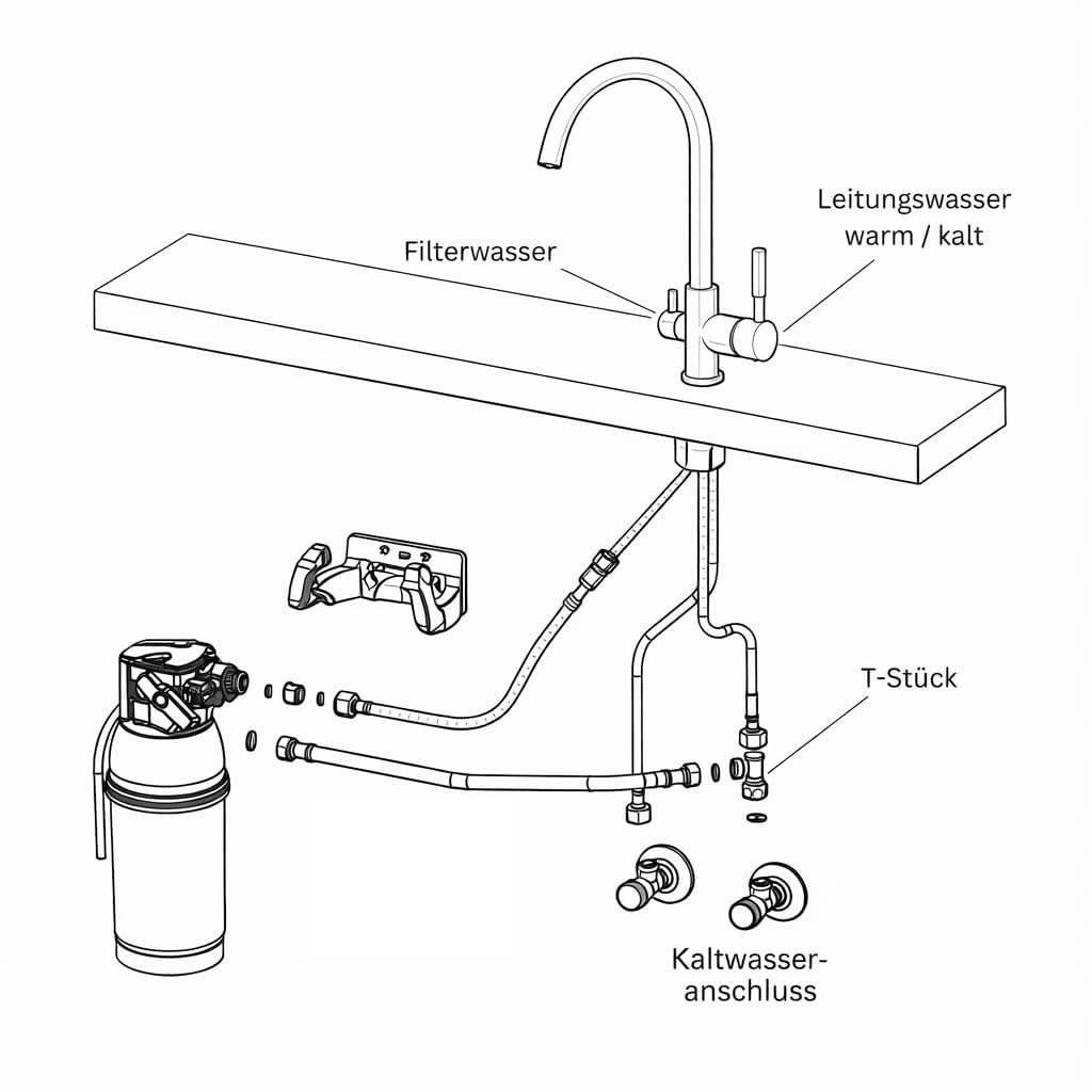 VANTO INOX 3-drożny kran kuchenny, armatura kuchenna ze stali nierdzewnej 304, wysokociśnieniowa, pod stołem, filtr do wody pitnej z BRITA P1000, głowica filtrująca, wąż i adapter, wylewka L