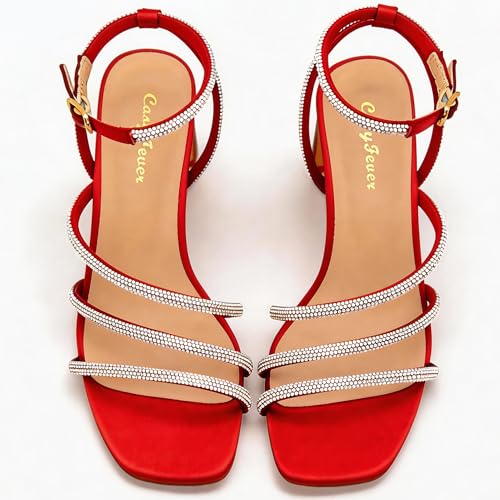 Image of CosyFever Women's Rhinestone Block Heels, Square Toe Strappy Dress Heels with Ankle Strap, Sparkly Heels for Wedding Guest, Prom, Party