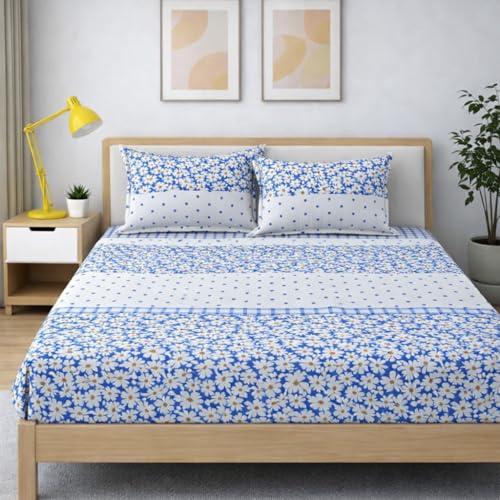 Image of 350 TC Premium Heavy Cotton Feel Elastic Fitted Bedsheet King Size with 2 Pillow Covers || Double Bed with All Around Elastic (White Lily1, Fitted Queen-60x78)
