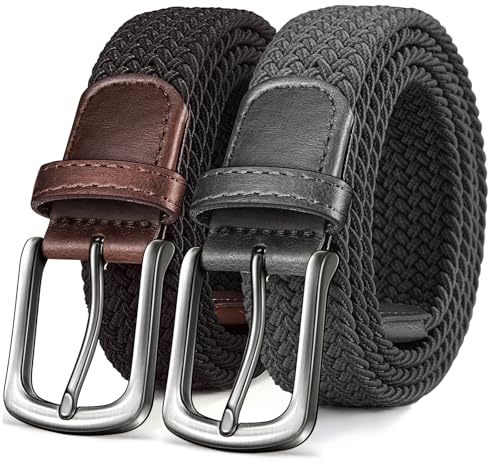 Image of KEMISANT Men's Golf Belt 2 Pack-Braided Woven Stretch Belt for Gift Men Casual Jeans Sports Work 1 3 /8 inch(Black /Dark Gray,36 inch-40 inch Waist Adjustable)