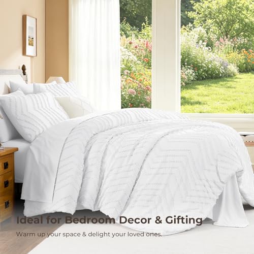Image of Litanika White Comforter Full Size Set with Sheets - 7 Pieces Boho Bed in a Bag Chevron Tufted Complete Bedding Sets Lightweight All Season Bed Set with Comforter, Sheets, Pillowcases & Shams