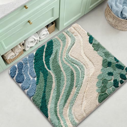 LUMI Beach Bathroom Rug Square, Non Slip Bath Mat Quick Dry, Ultra Soft Washable Absorbent, Ocean Sea Theme Bath Rug for Shower Floor, Home Decor, Kids Room, Bathtub, 32"x32" - Image 4