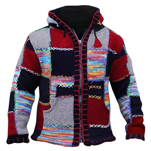 shopoholic Fashion Super Cosy FESTIVAL coloré Patch népalais laine veste à capuche, hippie boho - rouge Mixte, Large