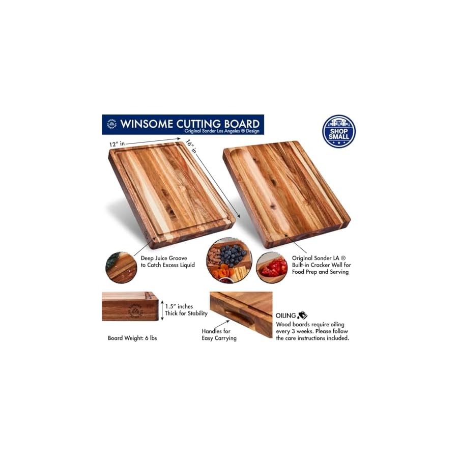 Sonder Los Angeles, Thick Sustainable Acacia Wood Cutting Board for Kitchen with Juice Groove, Sorting Compartment, Charcuterie 16x12x1.5 in (Gift Box Included)