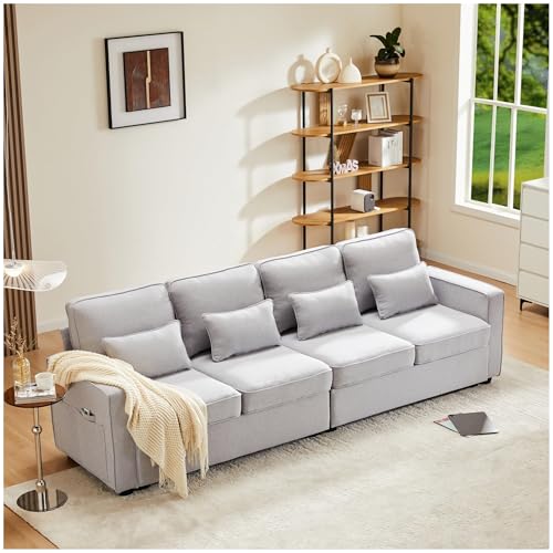 Wyibwy Sofá de cuatro plazas, sofá de salón gris, sofá de 4 plazas de lino con reposabrazos, equipado con dos portavasos, dos puertos USB, bolsillos de almacenamiento en los reposabrazos y cuatro