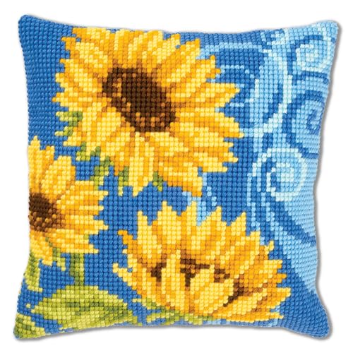 Vervaco Cross Stitch Cushion Kit Sunflowers On Blue 16