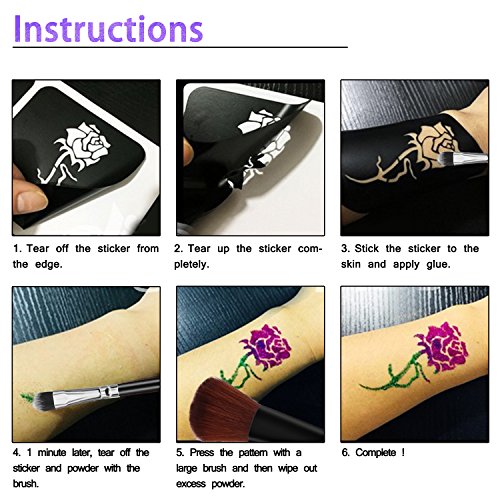 Xpassion Tattoo-set met tijdelijke glitter, voor kinderen, tieners en volwassenen, met 15 kleuren glitters, 48 vellen, uniek thema-tattoosjabloon - Image 3