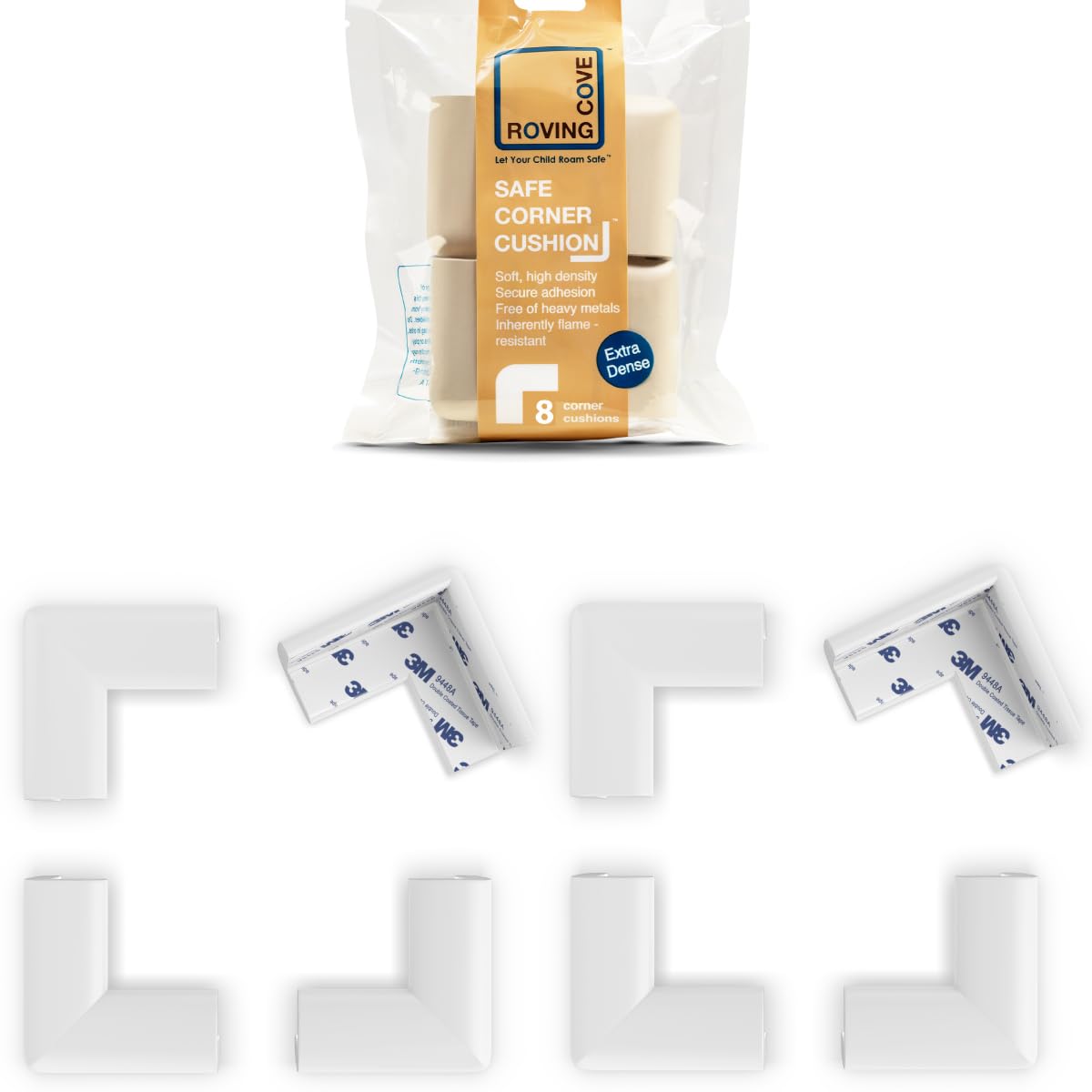 Roving Cove Slim-Fit Corner Protector for Baby Proofing (8 Small Corners), Soft Rubber Foam Furniture Corner Bumper Guards, 3M Adhesive Pre-Taped, Oyster White (Off White)
