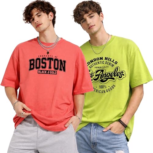 Image of London Hills Printed Cotton Blend Half Sleeve Oversized Men Round Neck Tshirts | T Shirt for Man | Tshirt | Shirts Men | Tshirt for Man | T-Shirt | Pack of 2