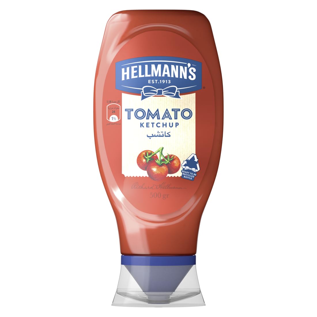 Hellmann's Tomato Ketchup, Classic Flavour, For Dips, Fries & Sandwiches, 100% Recycled Plastic Bottle, 500g