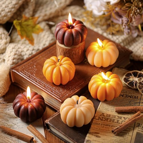 Image of Lounsweer 6 Pcs Pumpkin Shaped Candles Retro Thanksgiving Pumpkin Candle Decor Halloween Home Decoration Handmade for Autumn Centerpieces Decor