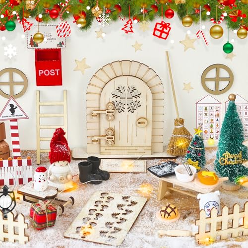 TINA Wichteltür Set 65 Stück Wichtel Zubehör Weihnachten, Wichteltür mit Licht Wichtel Baustelle Set Weihnachtswichtel, Wichtel Set Weihnachten Komplett, Weihnachtsdeko DIY Geschenk für Weihnachten