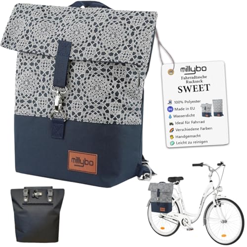 millybo Sweet Fahrradtaschen für Gepäckträger Damen & Herren, Fahrrad Tasche Hinten 3-in-1 Gepäckträgertasche und Rucksack, wasserfest (800.004 Lace Navy)
