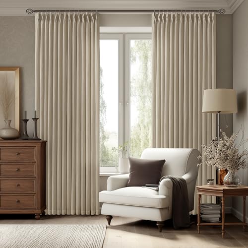Image of Light Brown Pinch Pleat Semi Sheer Linen Curtains 80 Inch Long for Bedroom | Burlap Linen Textured, Memory Shape Hook Rings, Light-Filtering Privacy, Farmhouse Rustic Cottage, Light Tan Camel Tan Khaki