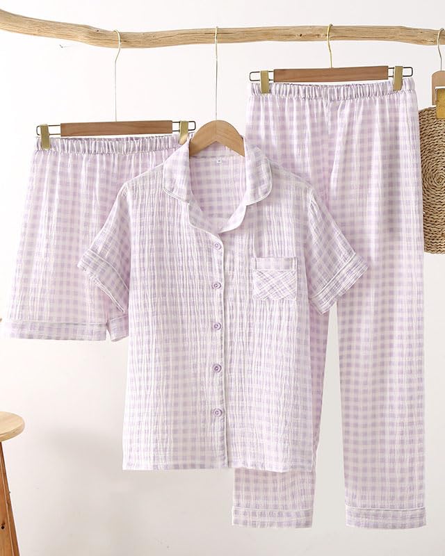 Image of codcm Womens Cotton Pajama Sets Plaid Short Sleeve Button Down Sleepwear Ankle Pants 3 Piece Gingham Pj Set