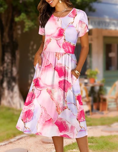 Image of HOTOUCH Women's Summer A-Line Midi Dresses 2026 Casual Floral Short Sleeve T-Shirt Dress Flowy Beach Sundress with Pockets
