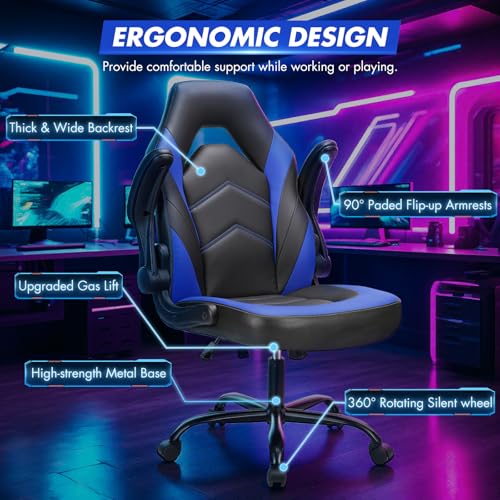 Image of Sweetcrispy Computer Video Game Desk Chair: Ergonomic Comfy Lumbar Support, PU Leather with Flip-up Armrest, Height Adjustable and 360 Swivel, for Adults, Black Blue