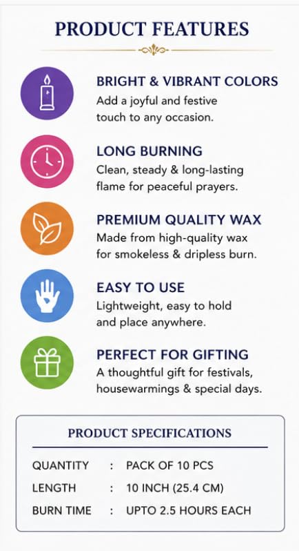 Image of Pahadi Craft Colourful Chime Candles (Pack 10 pcs, HT- 4Inches) | Vibrant Decorative Festival Candles for Puja, Prayers & Gifting