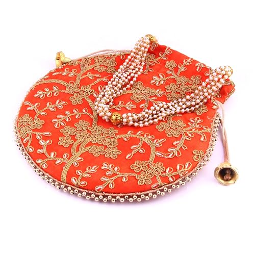 Image of Handcrafted Potli Purse with Golden Floral Embroidery and Pearl Accents